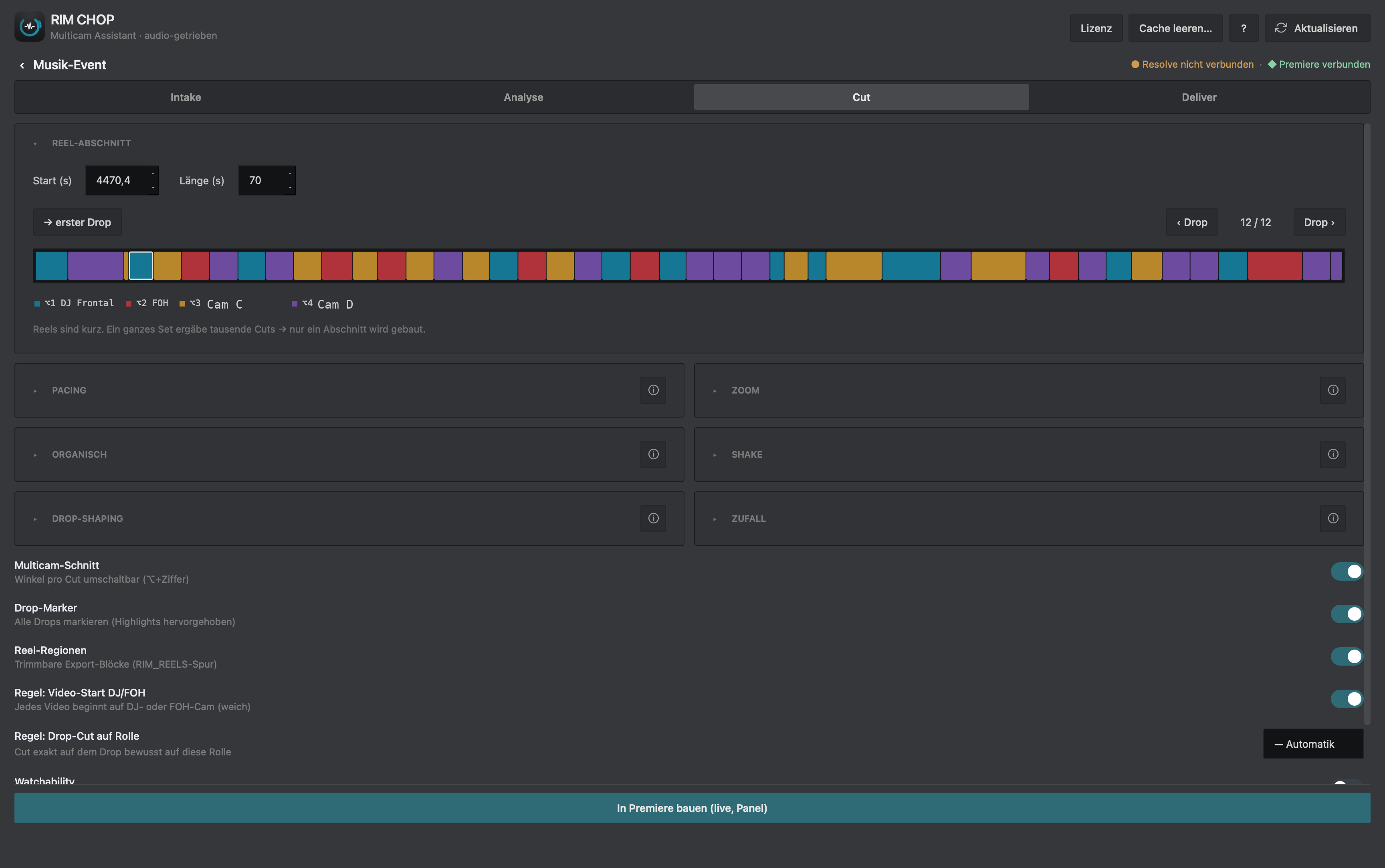 RIM CHOP — the Cut tab: a switchable multicam edit, one colored block per cut