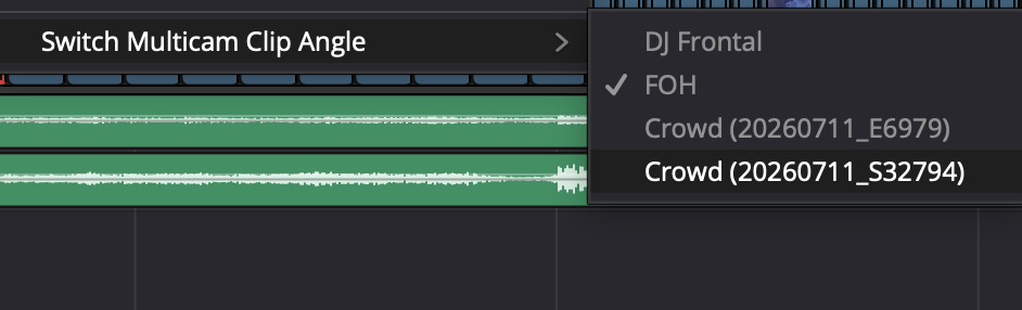 DaVinci Resolve: right-clicking a cut built by RIM CHOP opens Switch Multicam Clip Angle, listing the camera roles DJ Frontal, FOH and Crowd