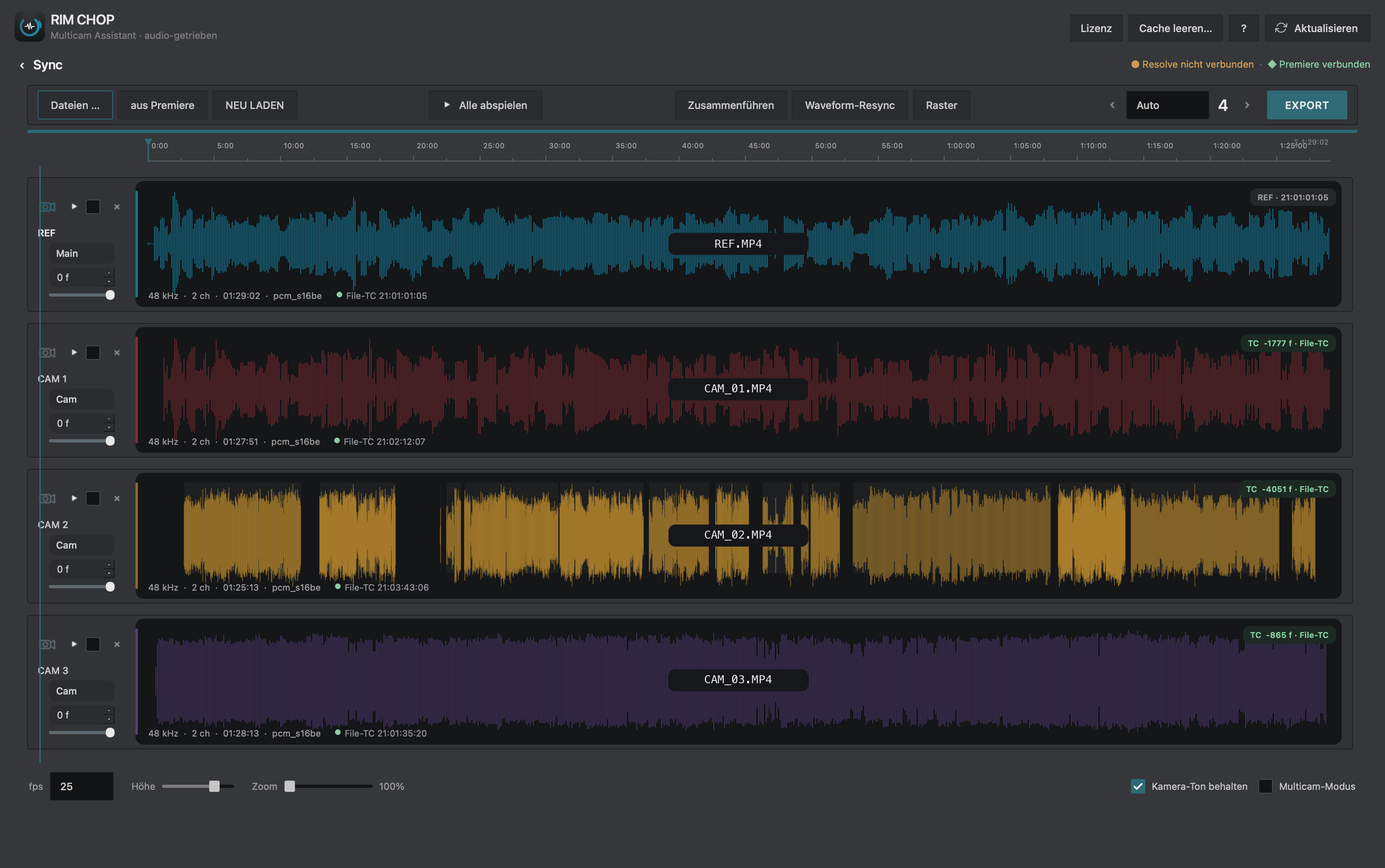 RIM CHOP — the Sync tab: every camera on its own lane, waveforms aligned